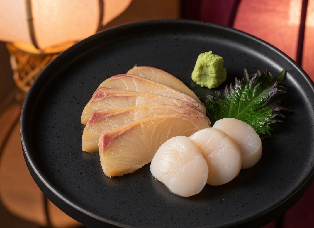 Yellowtail sashimi and scallops on a matte black ceramic plate