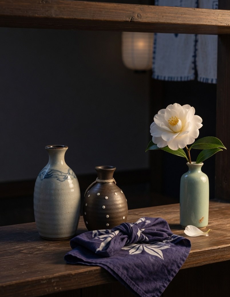 Ceramic sake flasks, indigo cloth, and a white camellia on a wooden shelf